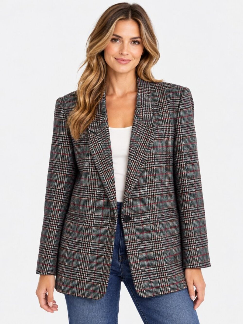 En Avance Women 11/12 Black Plaid Wool Blend Blazer Tailored Quiet Luxury Office
